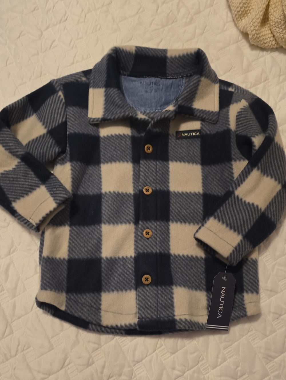 Nautica Navy and Cream Plaid Fleece Button-Down Shirt